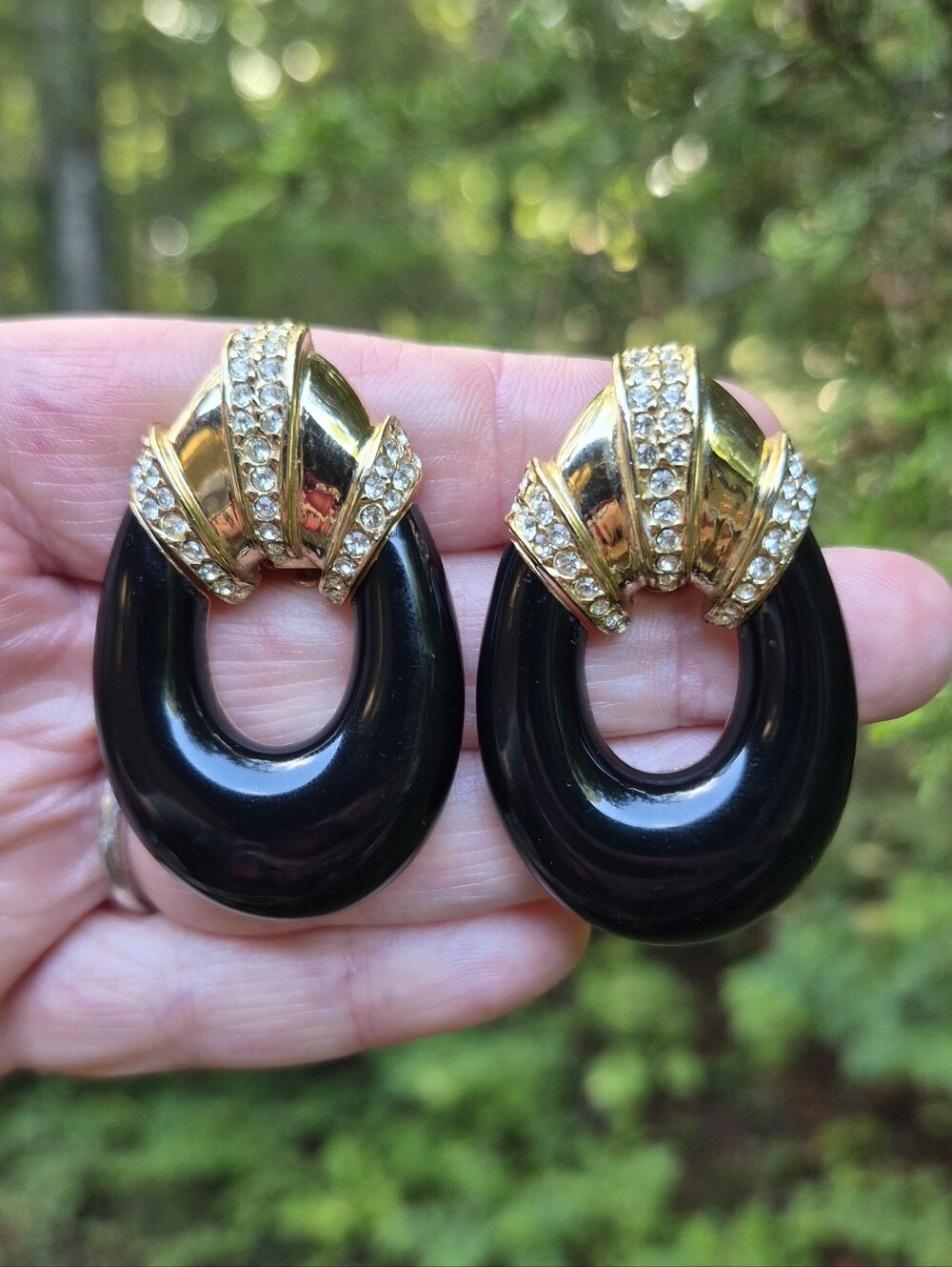 Ciner Black Door Knocker Crystal Statement Runway Vintage 80s 90s Earrings